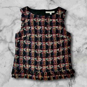 Trina Turk tweed Aztec print fringe hem top sz S, 010